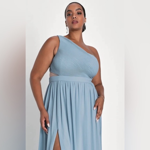 Lulu’s Lovely Endings Dusty Blue One-Shoulder Pleated Maxi Dress‎ Dusty Blue 1X - Picture 2 of 12